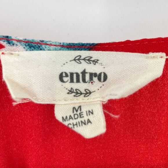 Entro Red Floral Lightweight Long Sleeve V-Neck Ruffle Hem Lined Shorts Romper - Picture 2 of 10